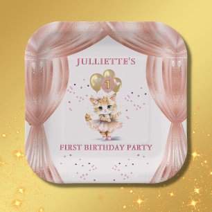 Charming Dancing Kitten Photo First Birthday Girl  Paper Plate