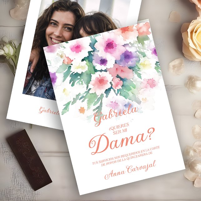 Charming Delicate Colorful Wildflowers Quinceañera Invitation (Peach Spanish Charming Delicate Colorful Wildflowers Quinceañera Dama with Photo Proposal Card. )