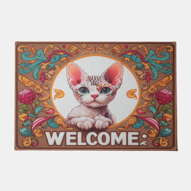 Charming Devon Rex Cat Vibrant border Welcome Doormat (Front)