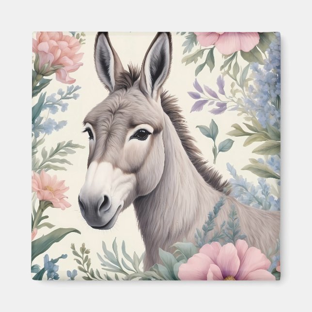 Charming Donkey Pastel Flowers Farm Animal Magnet (Front)