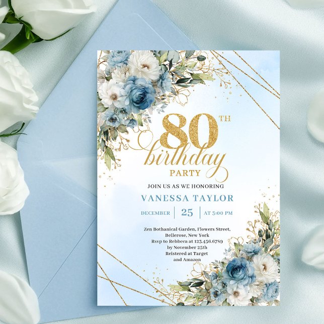 Charming Dusty Blue Floral Gold 80th Birthday Card (Charming Dusty Blue Floral Gold 80th Birthday Card Plus

)