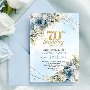 Charming dusty blue florals gold frame 70th bday invitation