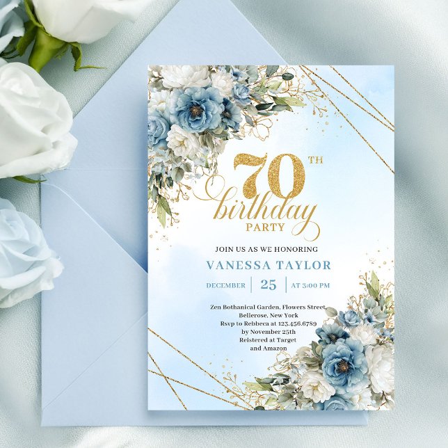 Charming dusty blue florals gold frame 70th bday invitation (Charming dusty blue florals gold frame 70th birthday

)