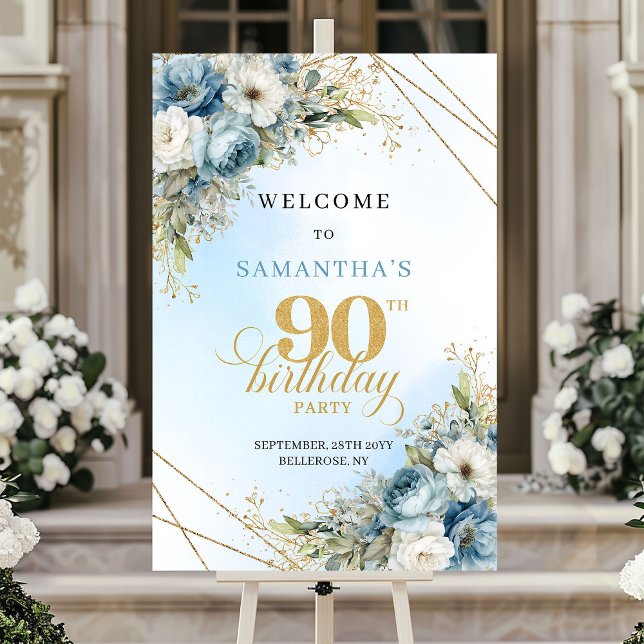 Charming dusty blue florals gold frame 90 birthday poster (Charming dusty blue florals gold frame 90th birthday

)