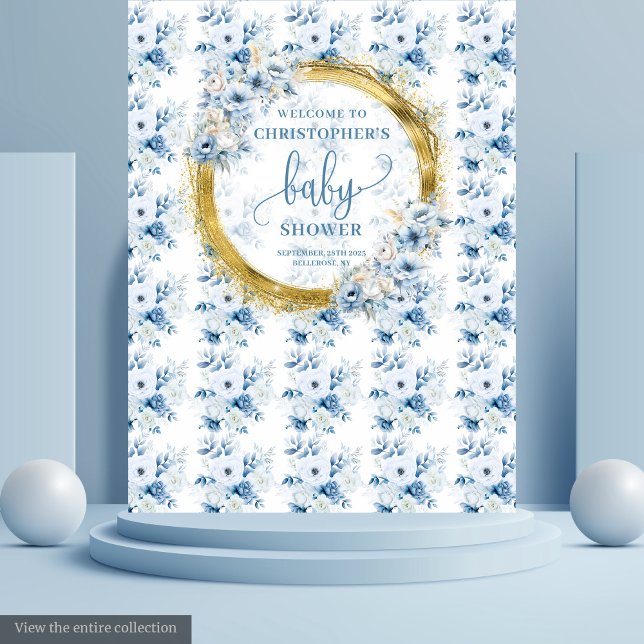 Charming dusty blue flowers gold baby shower photo tapestry (Charming dusty blue flowers gold baby shower photo Tapestry)