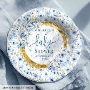 Charming dusty blue flowers gold boy baby shower paper plate