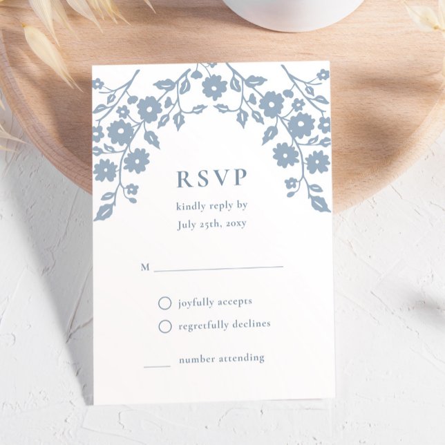 Charming Dusty Blue Folk Flowers Simple Floral RSVP Card (Creator Uploaded)