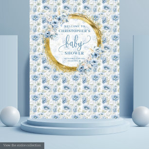 Charming Dusty Blue Gold Floral Baby Shower Banner Tapestry