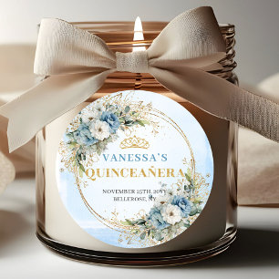 Charming Dusty Blue Gold Greenery Quinceañera Classic Round Sticker