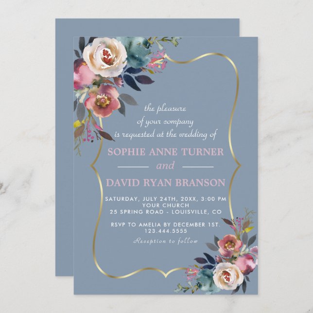 Charming Dusty Blue Misty Rose Floral Gold Wedding Invitation (Front/Back)