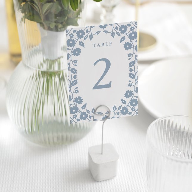 Charming Dusty Blue Romantic Folk Floral Flowers Table Number (Creator Uploaded)