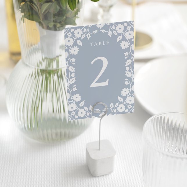 Charming Dusty Blue Romantic White Floral Flowers Table Number (Creator Uploaded)