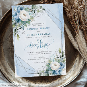 Charming Dusty Blue White Silver Flowers Wedding  Invitation