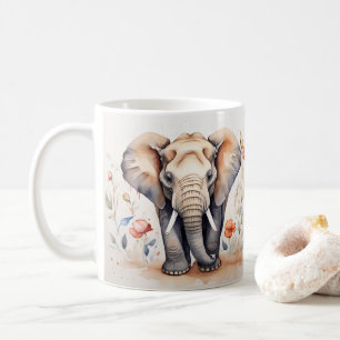 Charming Elephant & Blooms Watercolor Painting Coffee Mug