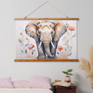 Charming Elephant & Blooms Watercolor Painting Hanging Tapestry