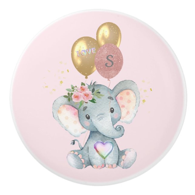 Charming Elephant Initial Heart Love Drawer  Ceramic Knob (Front)