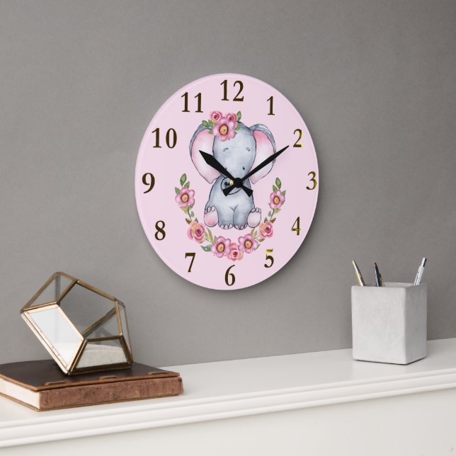 Charming Elephant Pink Floral Animal Print   Large Large Clock (Office)