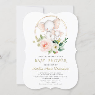 Charming Elephant Pink Floral Baby Shower Invitation