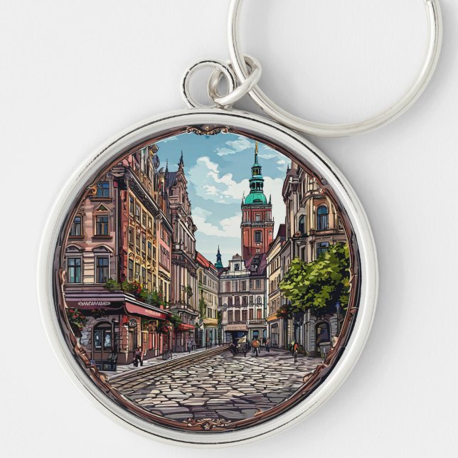 Charming European Street Scene Key Ring (Front)