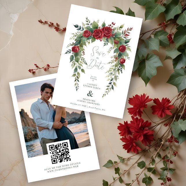 Charming Exquisite Burgundy Roses & Leaves Garland Save The Date (Charming Exquisite Burgundy Roses & Leaves Garland Wedding Save the Dates Cards with Photo.)
