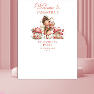 Charming Fairy Pink Flowers Girl Birthday Banner Tapestry