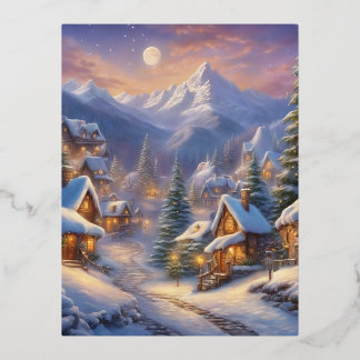 Charming fairy tale village, snow-covered decorate foil holiday postcard