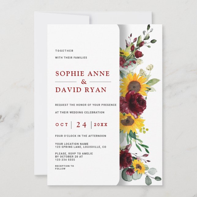 Charming Fall Burgundy Sunflowers Wedding Invitation (Front)
