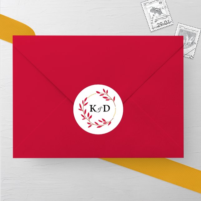 Charming Fall Leaf Monogram Wedding Classic Round Sticker (Creator Uploaded)