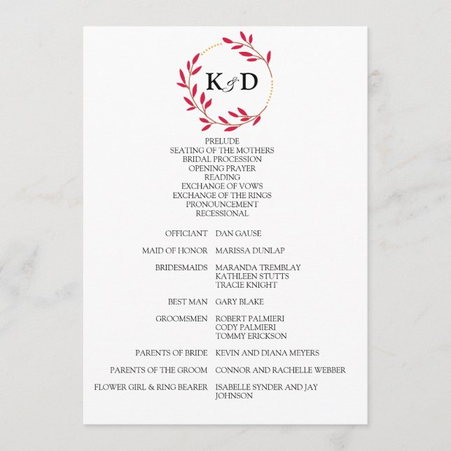 Charming Fall Leaf Monogram Wedding Program (Front)