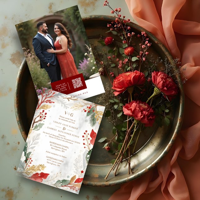Charming Fall Nature Frame Photo Wedding Invitation (Classic Timeless Elegant Christmas Wedding Wreath Invitation Cards with Back Photo and Modern QR.)