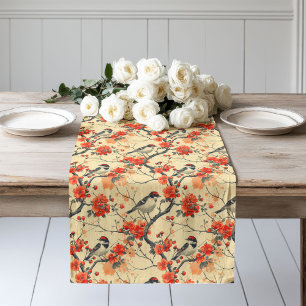 Charming Fall Table Runner with Birds and Blossoms