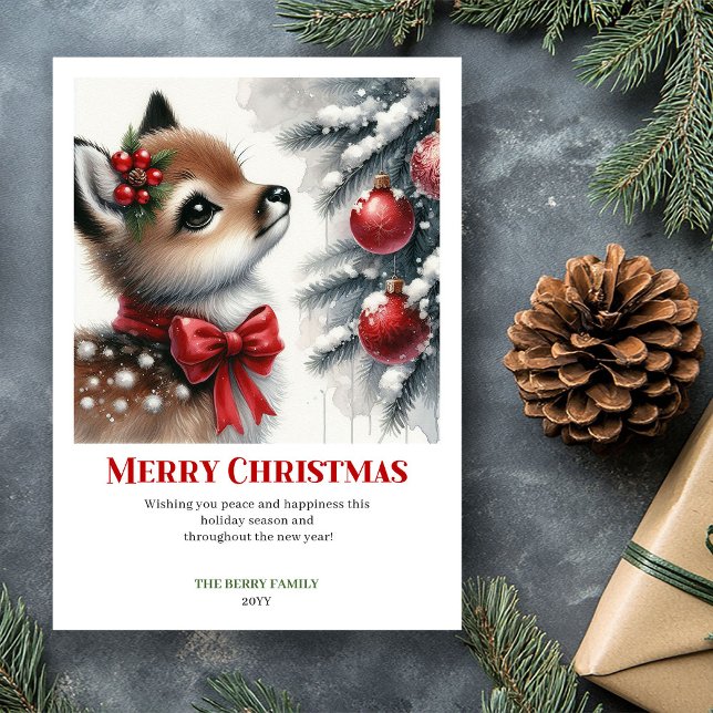 Charming Fawn Snowy Forest Watercolor Christmas  Holiday Card (Charming Fawn Snowy Forest Watercolor Christmas Christm)