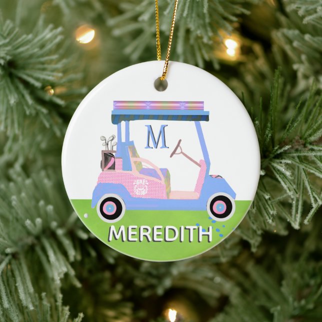 Charming Feminine Golf Cart Clubs Monogram Name  Ceramic Ornament (Tree)