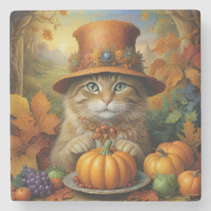 Charming festive Thanksgiving Cat in Disguise Stone Coaster