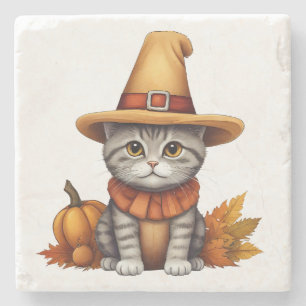 Charming festive Thanksgiving Cat in Disguise Stone Coaster
