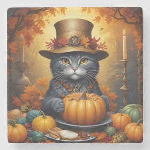 Charming festive Thanksgiving Cat in Disguise Stone Coaster