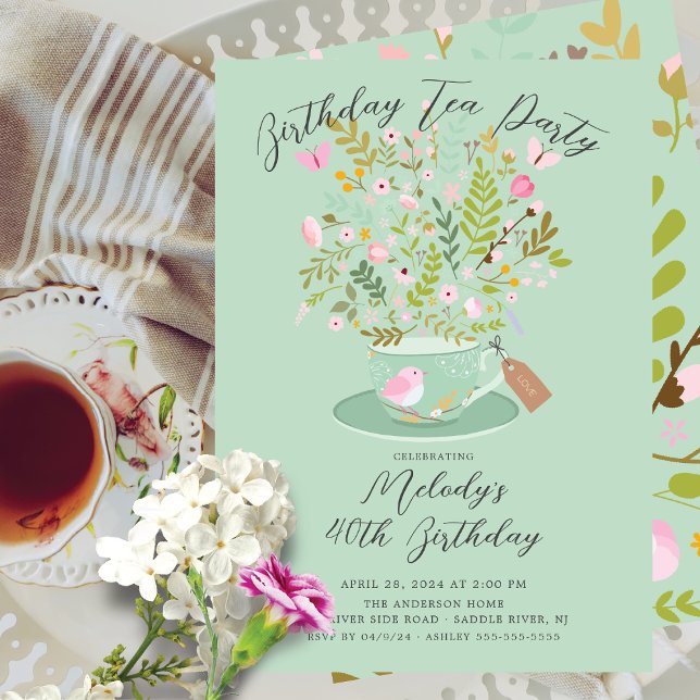 Charming Floral Birthday Tea Party Invitation (Creator Uploaded)