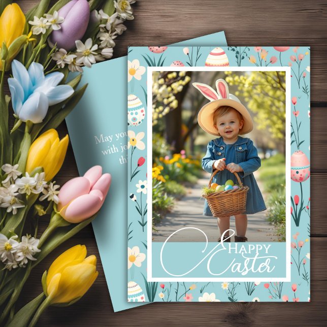 Charming Floral & Eggs Happy Easter Custom Photo Holiday Card (Charming Floral & Eggs Happy Easter Custom Photo Holiday Card)