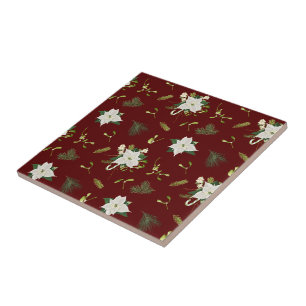 Charming Floral Pattern on Maroon Ceramic Tile