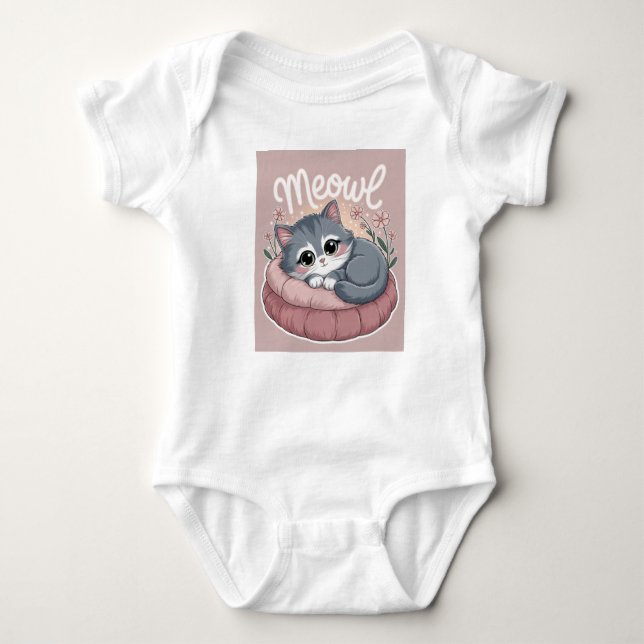Charming Fluffy Kitten  Illustration - Meow Baby Bodysuit (Front)