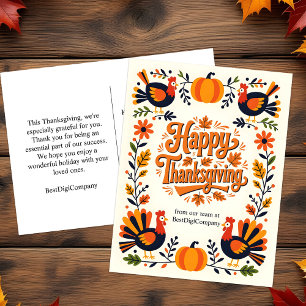 Charming Folk Art Turkey & Pumpkin Thanksgiving Holiday Postcard