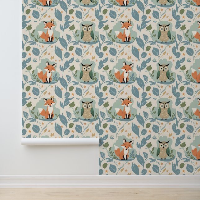 Charming Forest Friends Fox & Owl Peel and Stick  Wallpaper (Application)