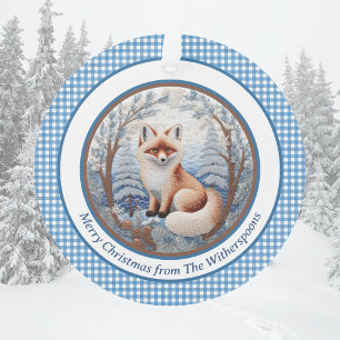 Charming Fox in Blue Forest Gingham Christmas Ornament