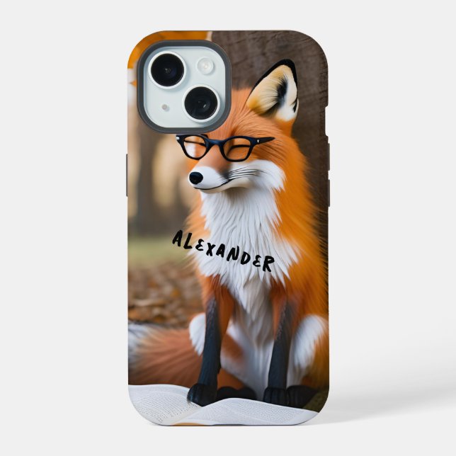 Charming Fox Reading Book Under Tree iPhone 15 Case (Back)