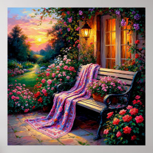 Charming Garden Bench Adorned with Flowers Poster