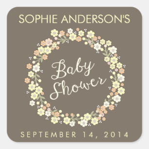 Charming Garden Floral Wreath Neutral Baby Shower Square Sticker