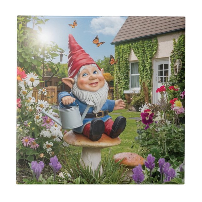 Charming Garden Gnome with Watering Can Ceramic Tile (Front)