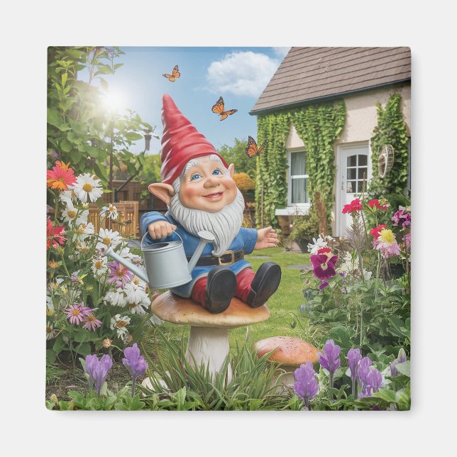 Charming Garden Gnome with Watering Can Magnet (Front)