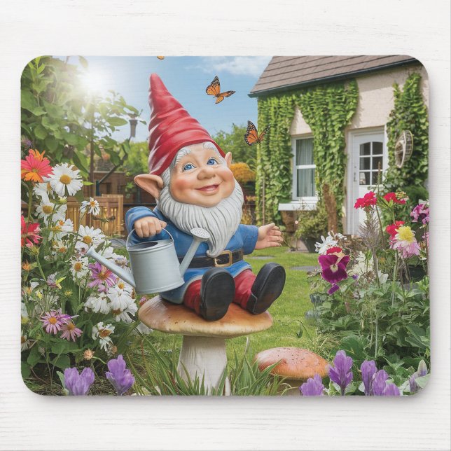 Charming Garden Gnome with Watering Can Mouse Pad (Front)