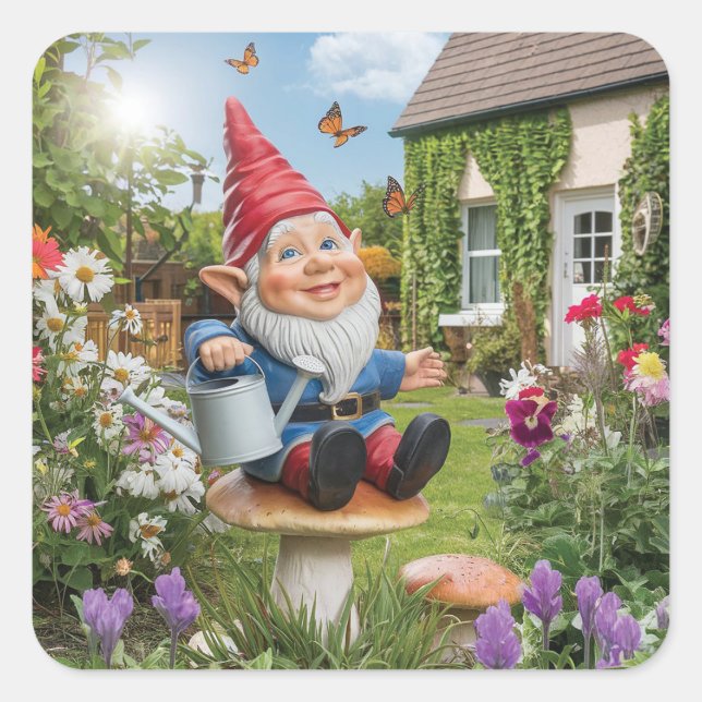 Charming Garden Gnome with Watering Can Square Sticker (Front)